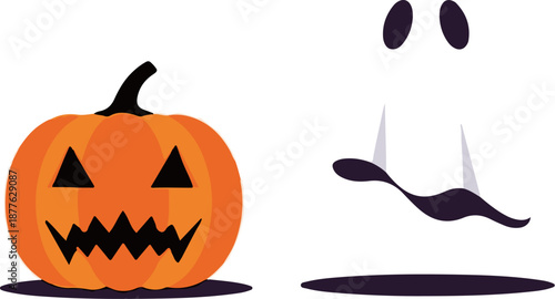 A playful, stylized jack-o'-lantern and a friendly ghost character against a white background