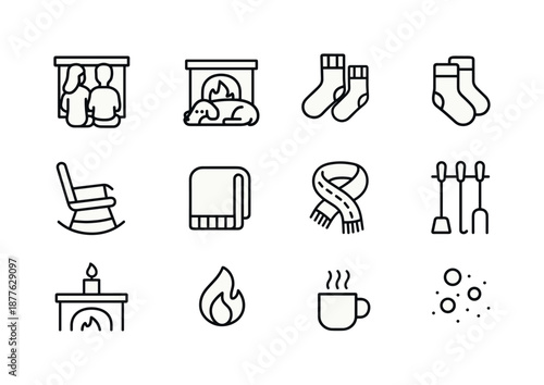 Cozy Fireplace Icons. Fireplace comfort. Line icon set of Fireplace comfort: couple sitting by fire, dog sleeping near hearth, thick socks, rocking chair, wool