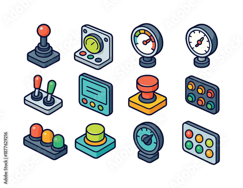 Colorful Machinery Icons. Machinery controls. Colorful isometric vector icons set of machinery controls: joystick lever, dial panel, pressure meter,