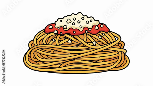 A playful cartoon illustration of a mound of spaghetti topped with red sauce and white cheese