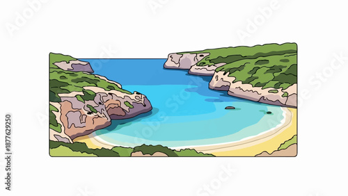 A serene bay with clear turquoise waters, sandy shores, and verdant, rocky cliffs