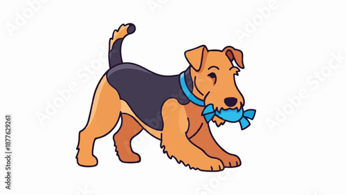 A playful cartoon dog with tan fur and a dark back, holding a blue toy