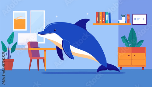 A playful blue dolphin leaps into an office setting, surreal and vibrant