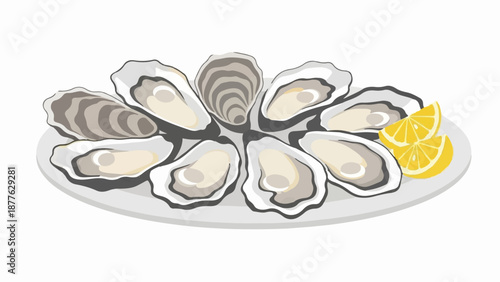 A platter of fresh oysters with lemon slices is presented against a white background