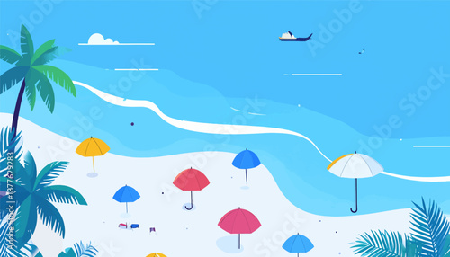 A serene beach scene with palm trees and colorful umbrellas under a clear blue sky