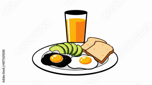 A plate with two fried eggs, avocado slices, toast, and a glass of orange juice