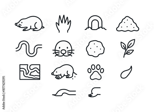 Mole Icon Grid. Mole. Line icon set of Mole: mole animal, tiny paws, burrow entrance, soil mound, tunnel path, nose whiskers, earth clod, leaf sprig,