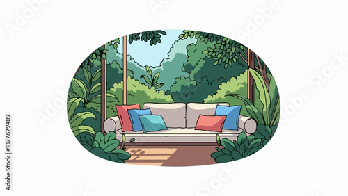 A serene, cartoon-style setting with a plush sofa adorned with colorful cushions, embraced by lush greenery