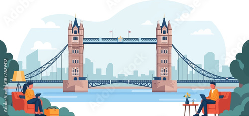 A serene cityscape featuring a prominent bridge and two individuals relaxing by the water