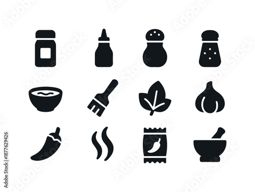 BBQ Spice Icons. BBQ flavors & spices. Solid icon set of BBQ flavors & spices: spice jar, sauce bottle, pepper shaker, salt shaker, marinade bowl, brush, herb