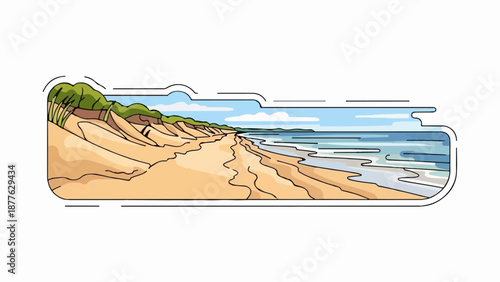 A serene coastal scene with sand dunes, vegetation, and the gentle lapping of waves on a clear day