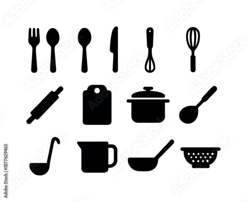Kitchen Utensils Icons. Kitchen items. Solid icon set of Kitchen items: fork, spoon, knife, spatula, whisk, rolling pin, cutting board, pot, pan, ladle,