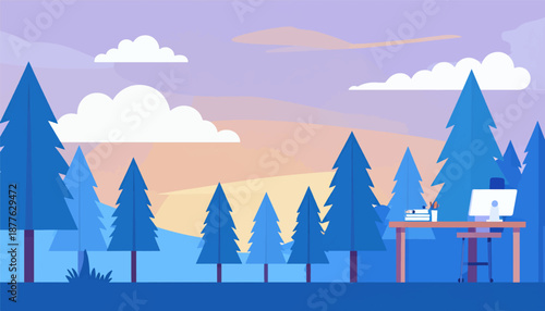 A serene digital illustration of a desk with a computer and books amidst a stylized forest