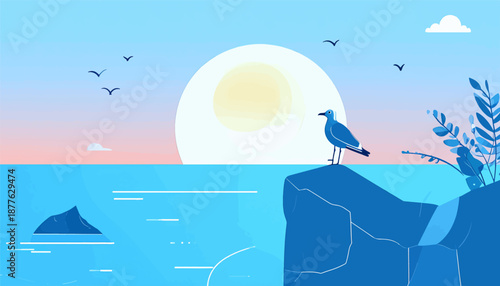 A serene coastal scene with a solitary seagull perched on a rock, overlooking the ocean under a bright sun