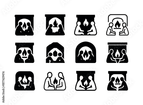 Fireside Harmony Icons. People enjoying a warm fire in the fireplace. Icon set. Set Logo of people enjoying a warm fire in the fireplace: intimate fireside