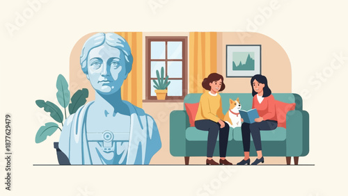 A serene domestic scene unfolds, featuring a sculpted bust, two women and a dog on a sofa, and a window view