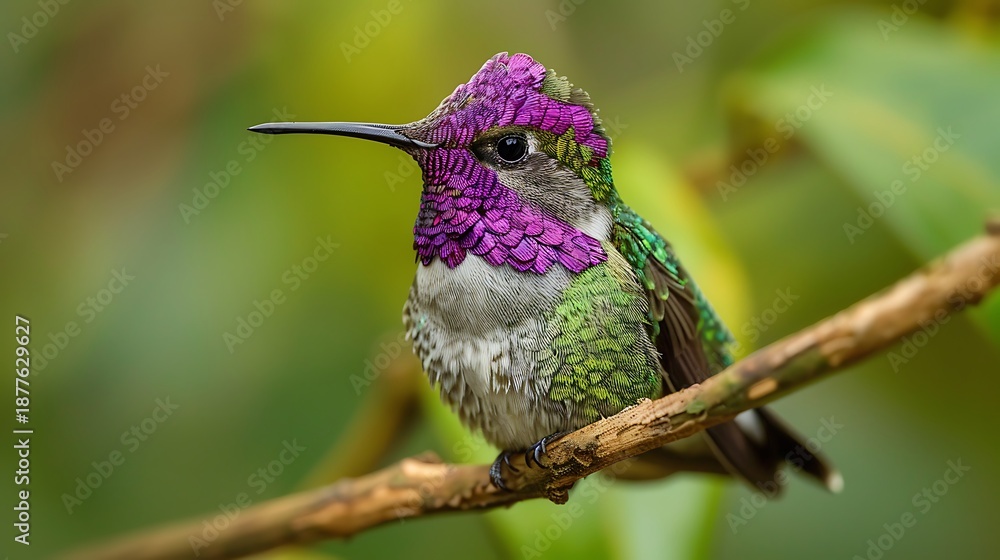 Obraz premium Vibrant Hummingbird Perched on Branch with Stunning Iridescent Plumage and Colorful Head Feathers in Natural Habitat