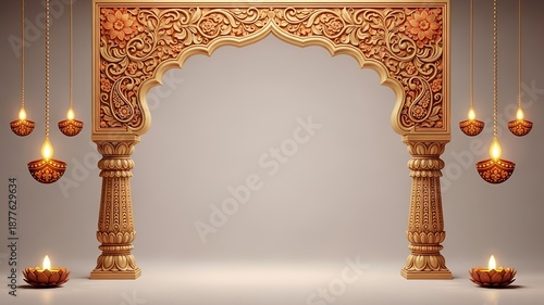 Ornate wooden archway with lit diyas creates a festive backdrop. Suitable for diwali or indian cultural themed designs.
