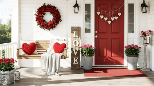 Valentine's Day front porch decoration with a red door, heart garlands, floral wreath, flowers, love sign, and cozy bench. Perfect for festive design ideas, romantic holiday celebrations.