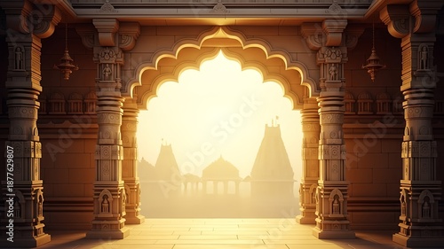 Beautiful ornate archway framing hindu temples in golden morning light, perfect for travel brochures, religiousthemed projects, and cultural websites.