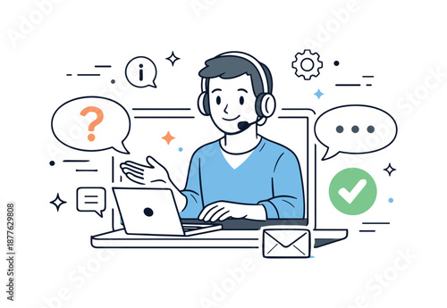 Friendly Support Interaction. Customer support assistance. Support agent wearing a headset and calmly helping a client through a laptop screen, resolving an