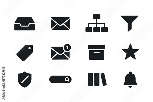 Inbox Icon Set. Inbox architecture. Solid icon set of inbox architecture: inbox tray, email envelope, folder structure, filter funnel, tag label, unread badge,