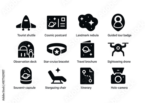 Intergalactic Tourism Icons. Intergalactic tourism. Solid icon set of intergalactic tourism: tourist shuttle, cosmic postcard, landmark nebula, guided tour