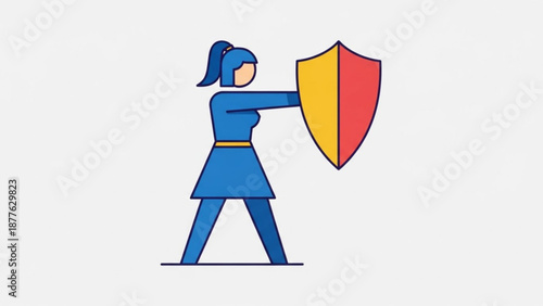 Woman Warrior Holding Red and Yellow Shield, Cartoon Style, Isolated on White