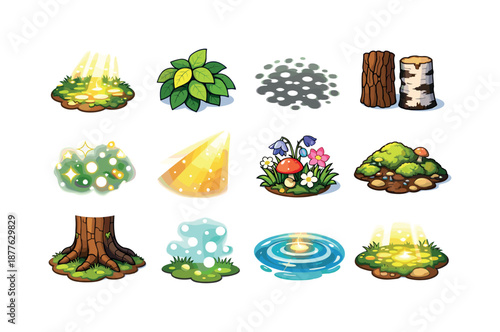 Dappled Forest Icons. Dappled Forest Light. Colorful isometric vector icons set of Dappled Forest Light: dappled sunlight, leaves cluster, shadow dots, bark
