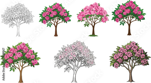 Beautiful pink blooming trees vector illustration set with floral spring design, decorative garden elements, and colorful botanical artwork for nature lovers