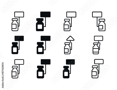 Vaccination Icon Set. Vaccination site with signs. Icon set. Set Logo of vaccination site with signs: vaccine vial with signboard. harmonious logo variations
