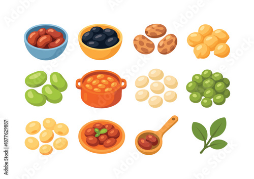 Colorful Bean Icons. Cooked Beans. Colorful flat vector icons set of Cooked Beans: boiled kidney beans, black beans bowl, pinto beans, chickpeas, lima beans,