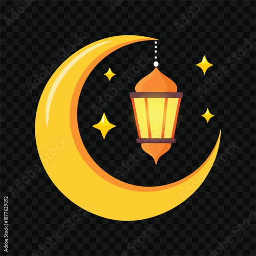 Islamic crescent moon with lantern and stars.