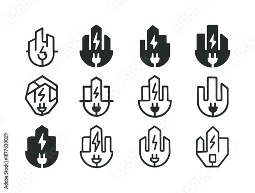 Smart City Icons. smart city developments. Icon set. Set Logo of smart city developments: smart energy grid icon. harmonious logo variations of the same