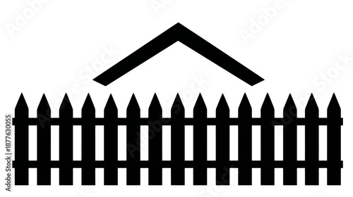 Black and white vector illustration of a picket fence with a stylized house roof