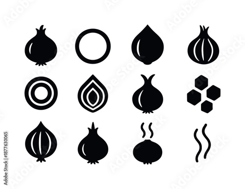 Onion Icon Grid. Onion. Solid icon set of onion: whole onion, sliced onion ring, onion bulb, peeled onion, onion half, onion layers, sprouting onion, diced