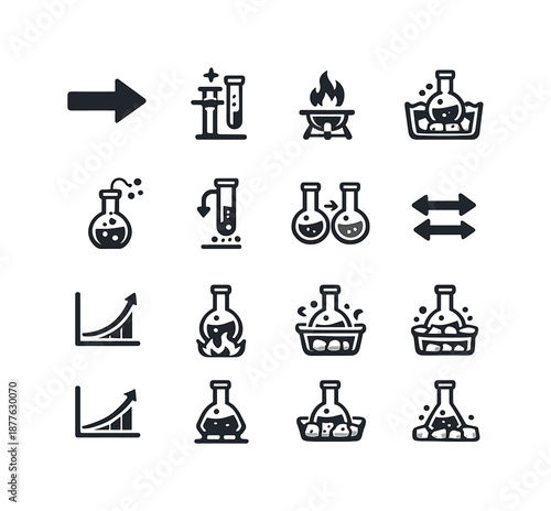 Chemical Reaction Icons. Chemical reactions. Solid icon set of Chemical reactions: reaction arrow, catalyst icon, heat flame, cooling bath, reaction vessel,