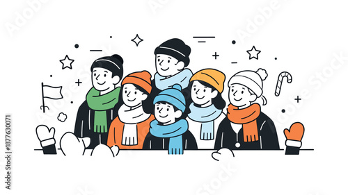 Festive Winter Parade. People at holiday parade crowd. People standing together with scarves and hats, looking forward. Cozy winter mood and calm festive