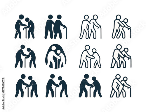 Elderly Care Icons. Elderly care and support. Icon set. Set Logo of elderly care and support: elder with walking stick. harmonious logo variations of the same