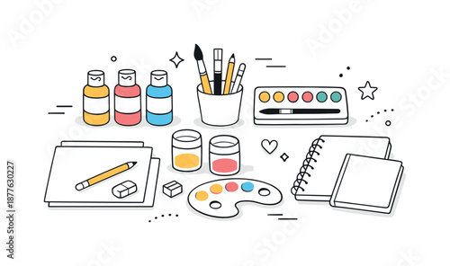Art Workshop Essentials. Art workshop materials. Table with art supplies like brushes, paints, paper, and notebooks neatly arranged. Readiness, simplicity, and