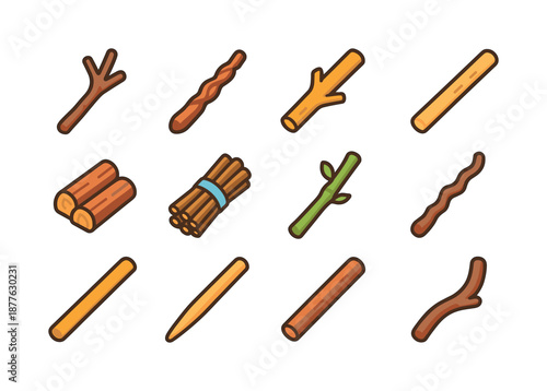 Colorful Wooden Stick Icons. Wooden sticks. Colorful isometric vector icons set of wooden sticks: twig, carved stick, straight branch, peeled stick, firewood,