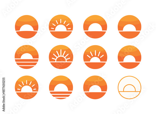 Sunrise Sunset Logo Grid. Sunrise and sunset. Icon set. Set Logo of sunrise and sunset: twilight gradient circle. harmonious logo variations: Filled