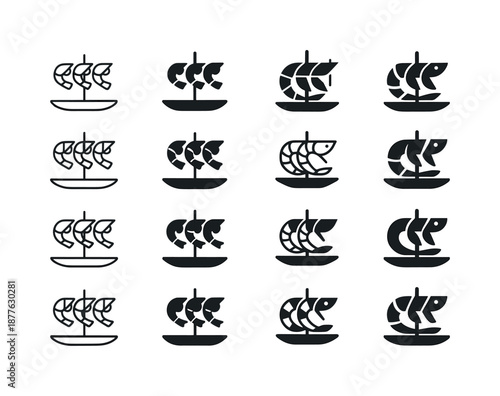Shrimp Skewer Icons. Shrimp skewers. Icon set. Set Logo of shrimp skewers: seafood platter silhouette. harmonious logo variations of the same emblematic