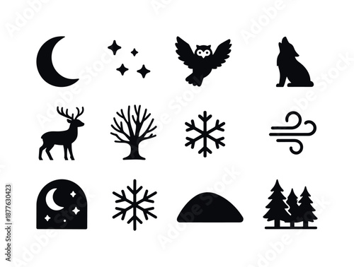 Winter Wildlife Icons. Winter night wildlife. Solid icon set of winter night wildlife: moon, star cluster, owl flying, wolf silhouette, deer under moon, tree