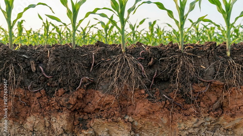 Healthy young plants with visible roots and earthworms in a detailed soil cross-section, showcasing vital underground ecosystem for agriculture.
