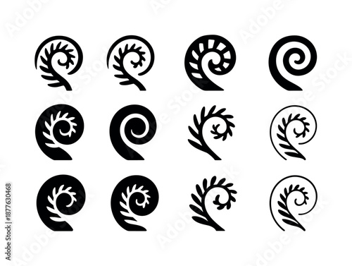 Fern Logo Variations. Fern. Icon set. Set Logo of fern: abstract fern spiral. harmonious logo variations of the same emblematic concept, each with different