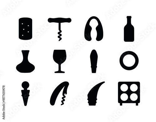 Wine Accessories Icons. Wine accessories. Solid icon set of wine accessories: wine cork, corkscrew, foil cutter, wine bottle icon, decanter silhouette, wine