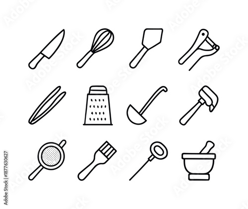 Culinary Tool Icons. Culinary tools. Line icon set of Culinary tools: chef knife, whisk tool, spatula, peeler, tongs, grater, ladle, garlic press, strainer,