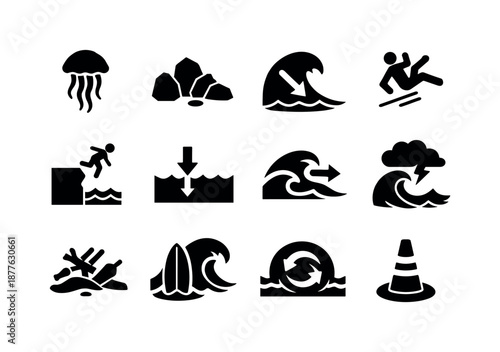 Beach Hazard Icons. Beach hazards. Solid icon set of beach hazards: jellyfish warning, sharp rocks, strong surf sign, slippery area, deep drop-off marker,