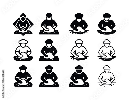 Baker's Emblem Variations. A baker kneading dough by hand on a flour-covered surface. Icon set. Set Logo of a baker kneading dough by hand on a flour-covered